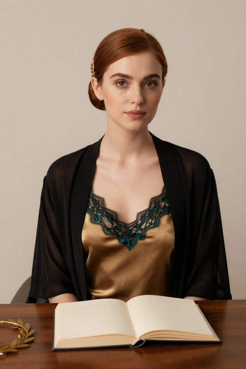 Fictional 26-year-old woman, auburn hair in a smooth low chignon held with a plain gold laurel-leaf